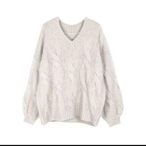Cozy V-Neck Cable Knit Sweater - Cream